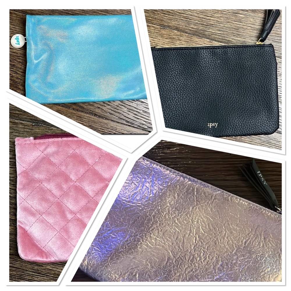 Ipsy Cosmetic Bags Set of Four Silver Gold Pink Blue Metallic